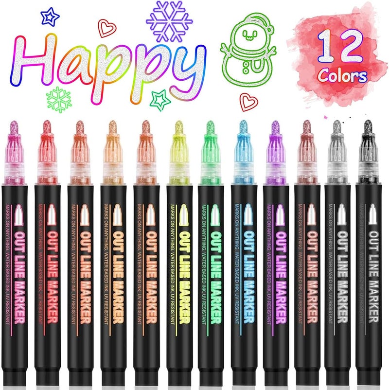 OUNIY Double Line Outline Markers 12 Colors Super Squiggles Glitter Self Outline Metallic, Doodle Shimmer Drawing Pens for Christmas Greeting Card, Birthday Gift, DIY Art Crafts - Image 1